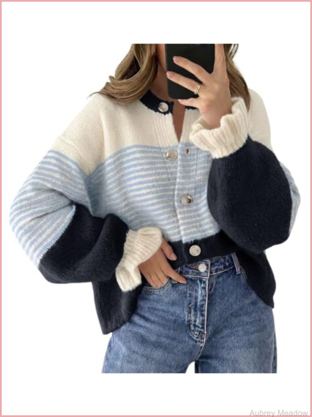 Women's Striped Cardigan Sweater Ruffle Cuff Button Up Knit Coat